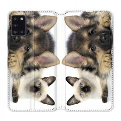 Housse cuir portefeuille pour Samsung Galaxy A31 Chien vs Chat