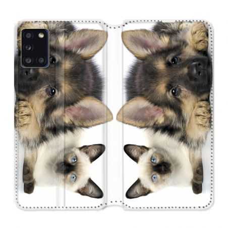 Housse cuir portefeuille pour Samsung Galaxy A31 Chien vs Chat