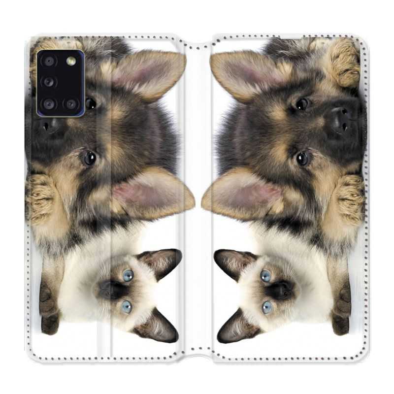 Housse cuir portefeuille pour Samsung Galaxy A31 Chien vs Chat