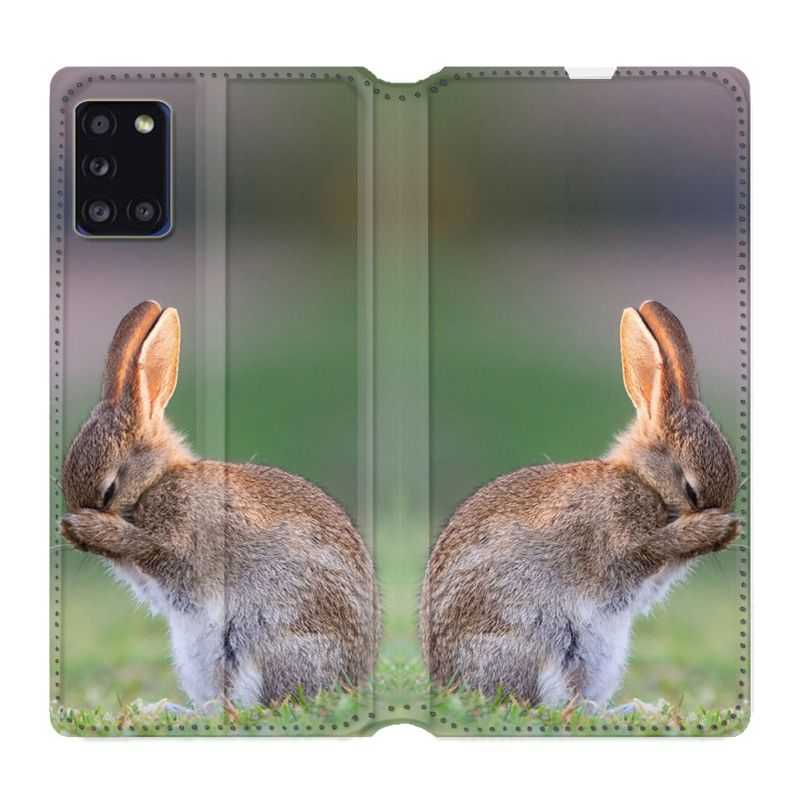 Housse cuir portefeuille pour Samsung Galaxy A31 Lapin Marron