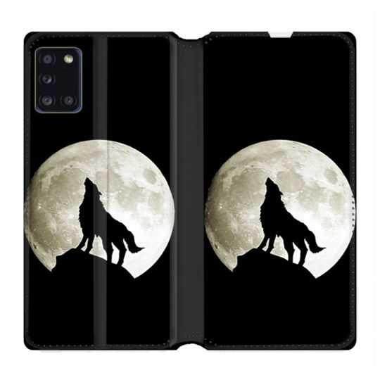 Housse cuir portefeuille pour Samsung Galaxy A31 Loup Noir