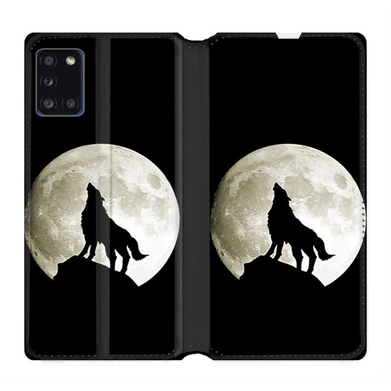 Housse cuir portefeuille pour Samsung Galaxy A31 Loup Noir