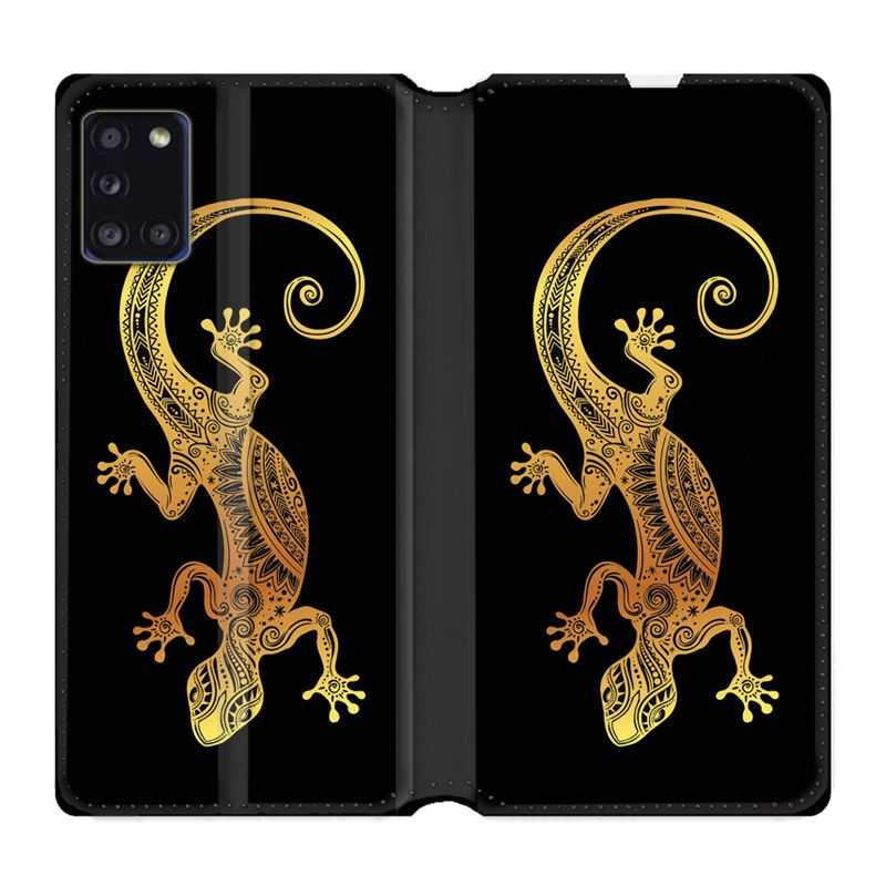 Housse cuir portefeuille pour Samsung Galaxy A31 Animaux Maori Lezard Noir