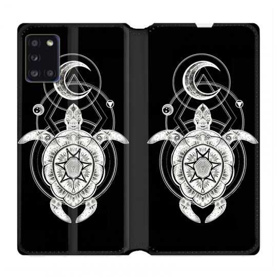 Housse cuir portefeuille pour Samsung Galaxy A31 Animaux Maori Tortue Noir