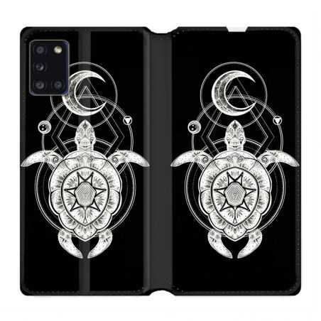 Housse cuir portefeuille pour Samsung Galaxy A31 Animaux Maori Tortue Noir