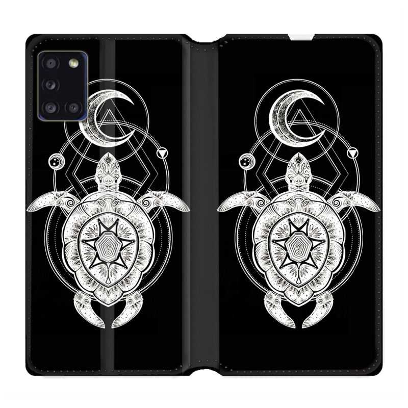 Housse cuir portefeuille pour Samsung Galaxy A31 Animaux Maori Tortue Noir