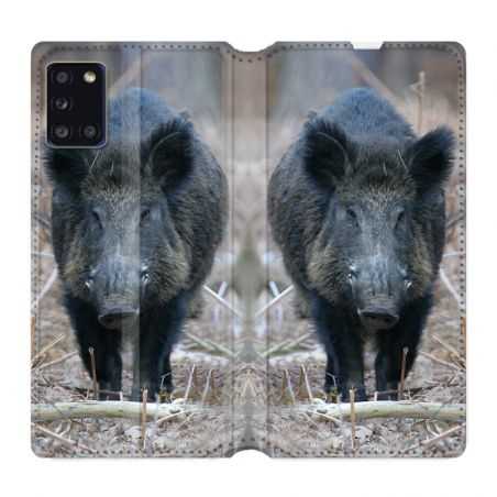 Housse cuir portefeuille pour Samsung Galaxy A31 Sanglier Pin
