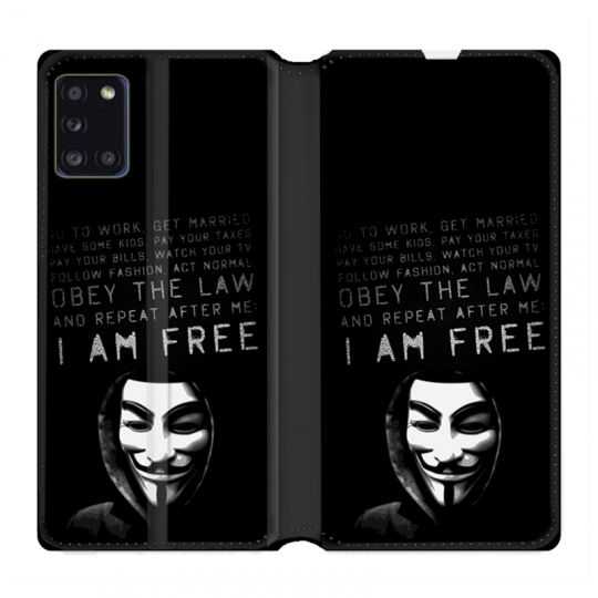 Housse cuir portefeuille pour Samsung Galaxy A31 Anonymous I am free