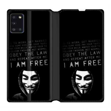 Housse cuir portefeuille pour Samsung Galaxy A31 Anonymous I am free
