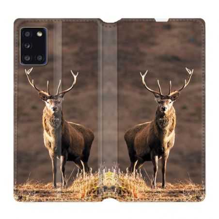 Housse cuir portefeuille pour Samsung Galaxy A31 Chasse Chevreuil Blanc