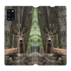 Housse cuir portefeuille pour Samsung Galaxy A31 Chasse Chevreuil Bois
