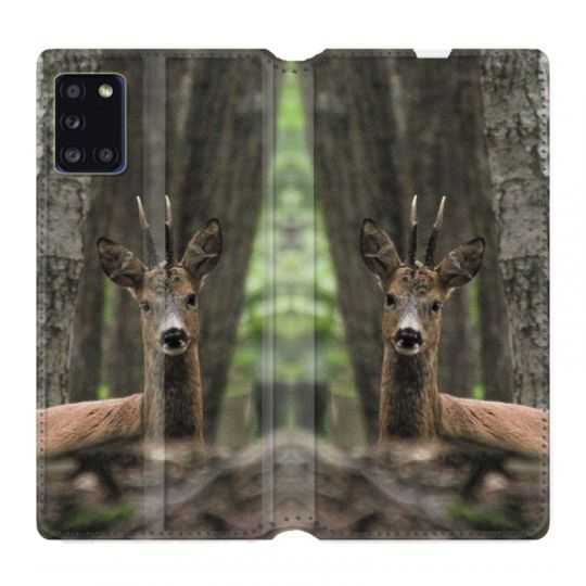 Housse cuir portefeuille pour Samsung Galaxy A31 Chasse Chevreuil Bois