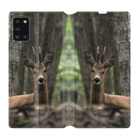 Housse cuir portefeuille pour Samsung Galaxy A31 Chasse Chevreuil Bois