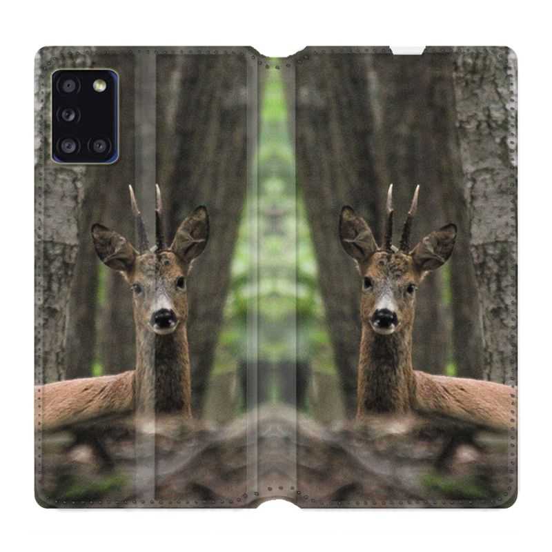 Housse cuir portefeuille pour Samsung Galaxy A31 Chasse Chevreuil Bois
