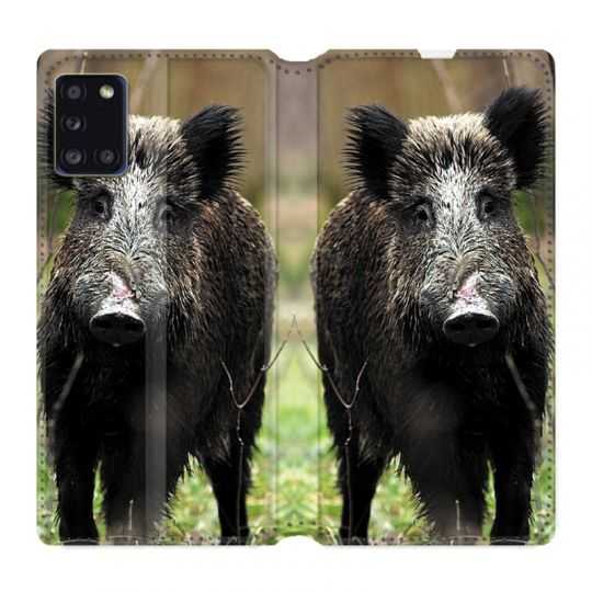 Housse cuir portefeuille pour Samsung Galaxy A31 Chasse Sanglier bois