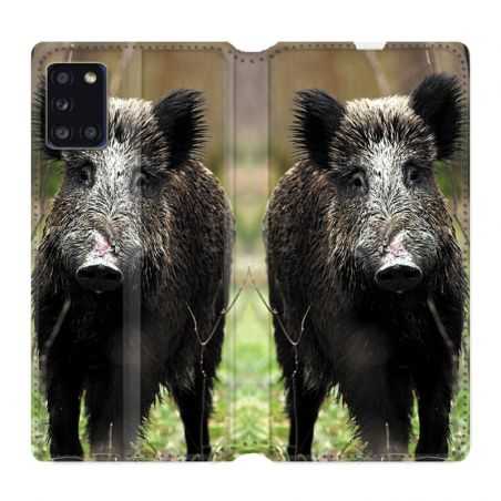 Housse cuir portefeuille pour Samsung Galaxy A31 Chasse Sanglier bois