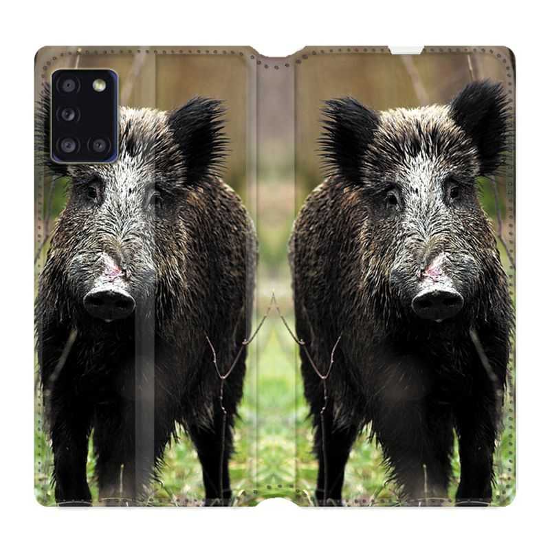 Housse cuir portefeuille pour Samsung Galaxy A31 Chasse Sanglier bois