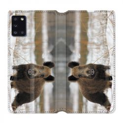 Housse cuir portefeuille pour Samsung Galaxy A31 Chasse Sanglier Neige