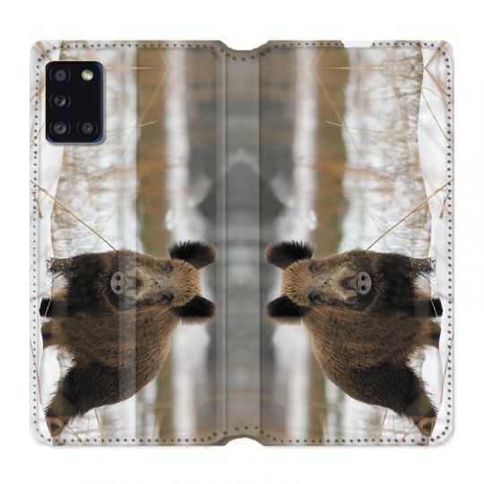 Housse cuir portefeuille pour Samsung Galaxy A31 Chasse Sanglier Neige