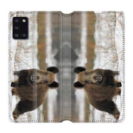 Housse cuir portefeuille pour Samsung Galaxy A31 Chasse Sanglier Neige
