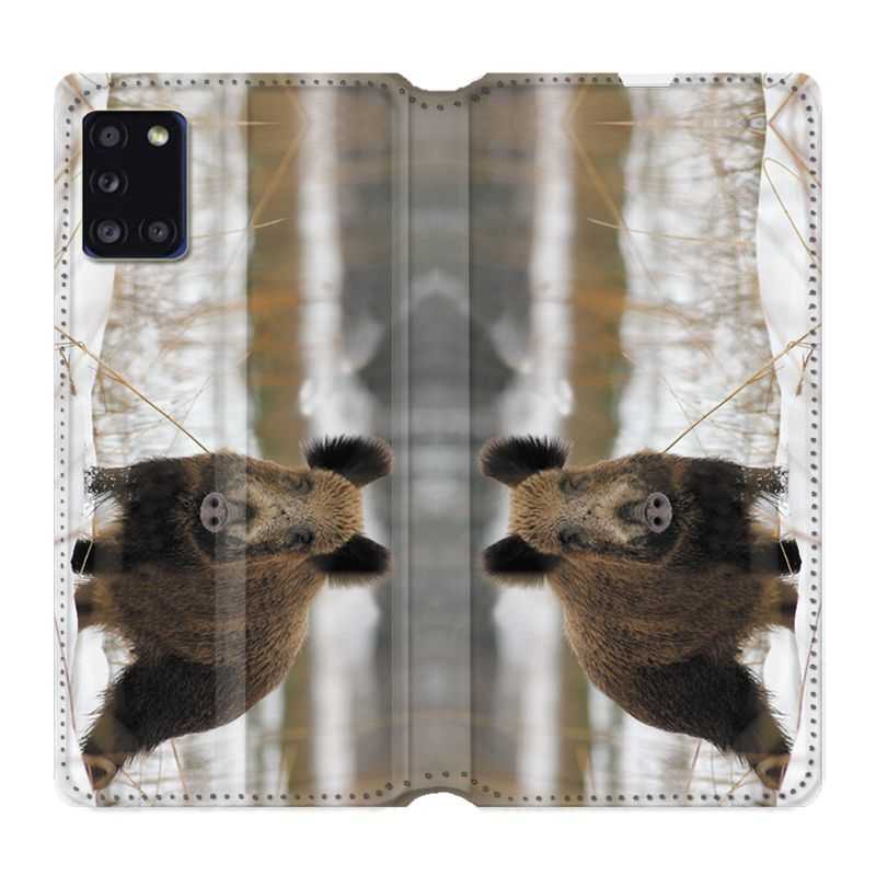 Housse cuir portefeuille pour Samsung Galaxy A31 Chasse Sanglier Neige