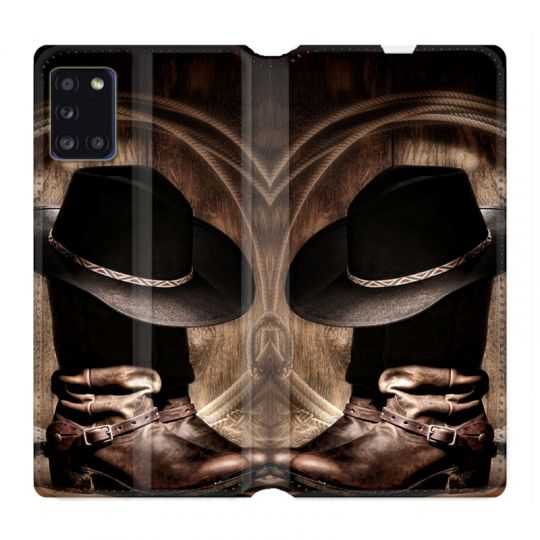 Housse cuir portefeuille pour Samsung Galaxy A31 Cow Boy Chapeau