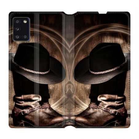 Housse cuir portefeuille pour Samsung Galaxy A31 Cow Boy Chapeau