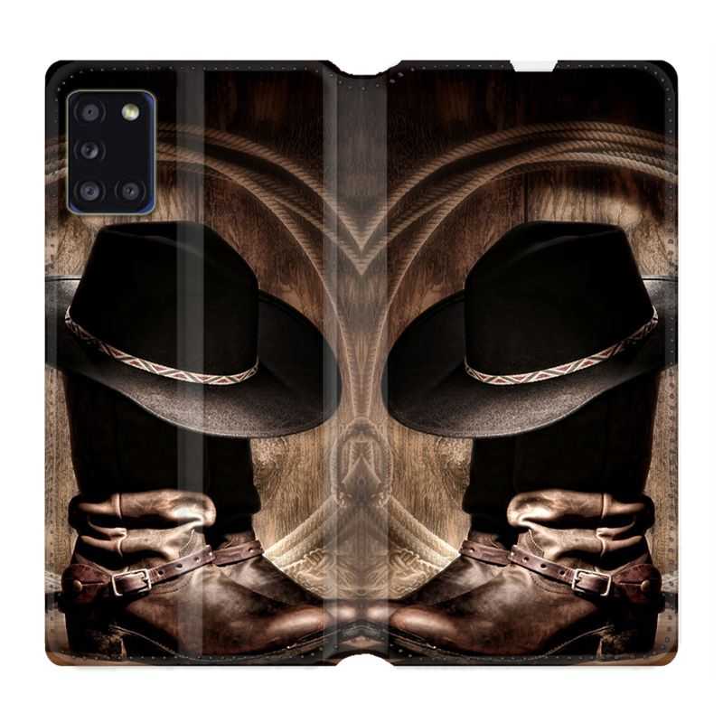 Housse cuir portefeuille pour Samsung Galaxy A31 Cow Boy Chapeau