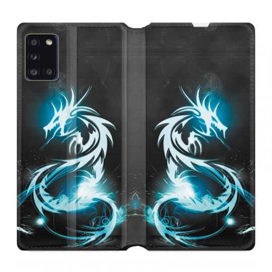 Housse cuir portefeuille pour Samsung Galaxy A31 Dragon Bleu
