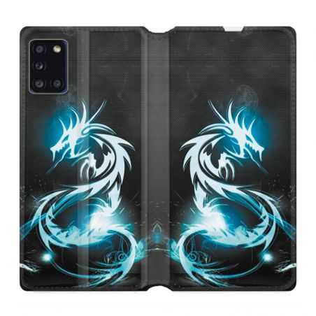 Housse cuir portefeuille pour Samsung Galaxy A31 Dragon Bleu