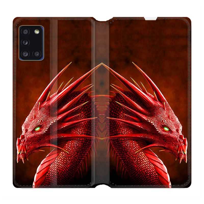 Housse cuir portefeuille pour Samsung Galaxy A31 Dragon Rouge