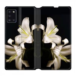 Housse cuir portefeuille pour Samsung Galaxy A31 Fleur Lys Noir