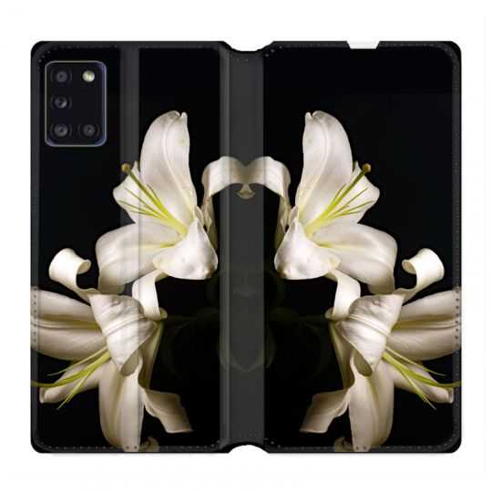 Housse cuir portefeuille pour Samsung Galaxy A31 Fleur Lys Noir