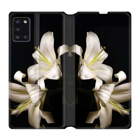 Housse cuir portefeuille pour Samsung Galaxy A31 Fleur Lys Noir