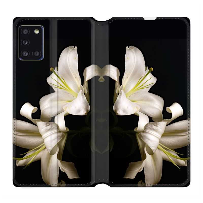 Housse cuir portefeuille pour Samsung Galaxy A31 Fleur Lys Noir