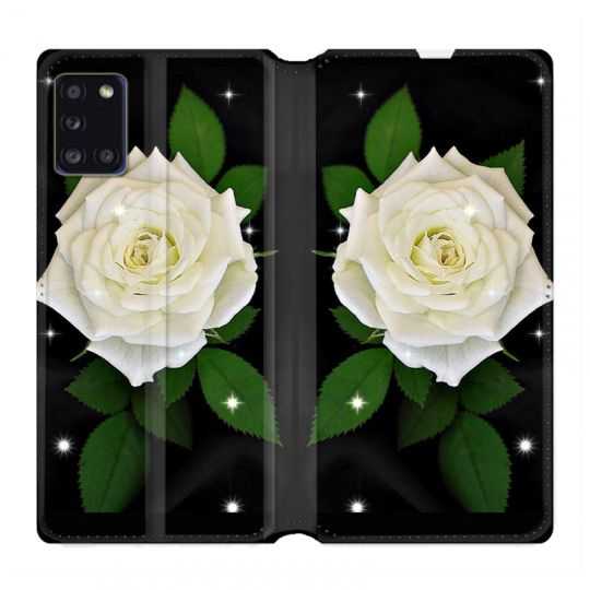 Housse cuir portefeuille pour Samsung Galaxy A31 Fleur Rose Blanche