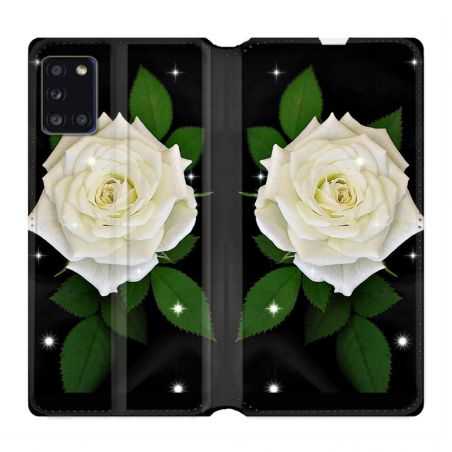 Housse cuir portefeuille pour Samsung Galaxy A31 Fleur Rose Blanche