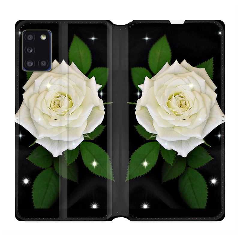 Housse cuir portefeuille pour Samsung Galaxy A31 Fleur Rose Blanche