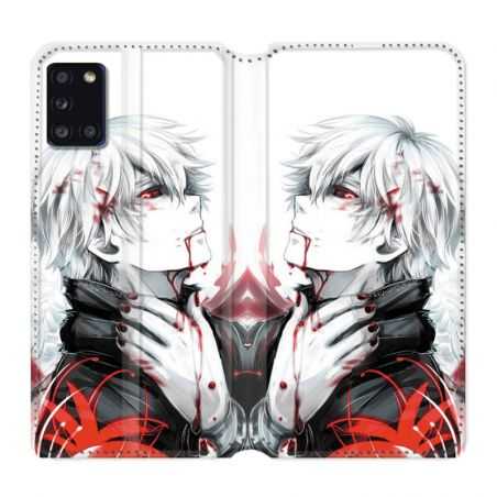 Housse cuir portefeuille pour Samsung Galaxy A31 Manga Kaneki Blanc