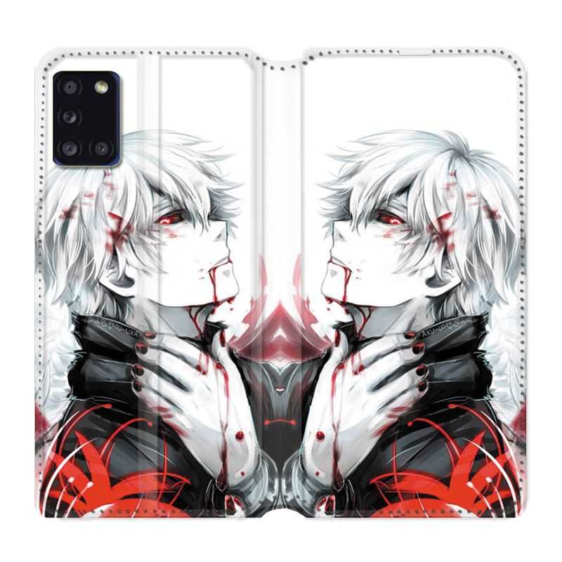 Housse cuir portefeuille pour Samsung Galaxy A31 Manga Kaneki Blanc