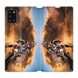 Housse cuir portefeuille pour Samsung Galaxy A31 Moto Cross Blanc