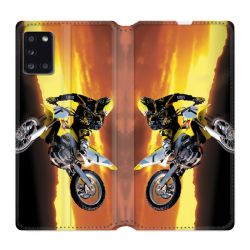 Housse cuir portefeuille pour Samsung Galaxy A31 Moto Cross Noir