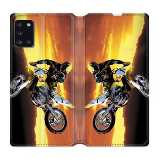 Housse cuir portefeuille pour Samsung Galaxy A31 Moto Cross Noir
