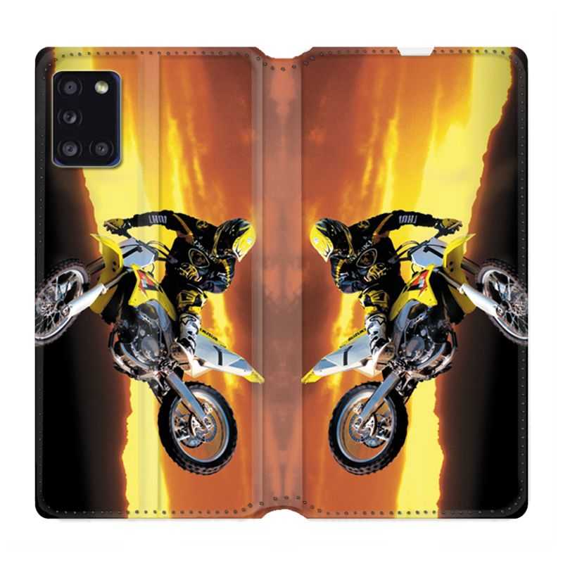 Housse cuir portefeuille pour Samsung Galaxy A31 Moto Cross Noir