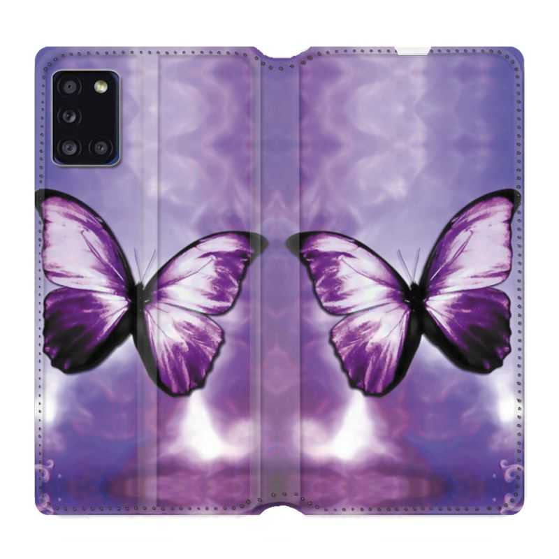 Housse cuir portefeuille pour Samsung Galaxy A31 Papillon Violet et Blanc