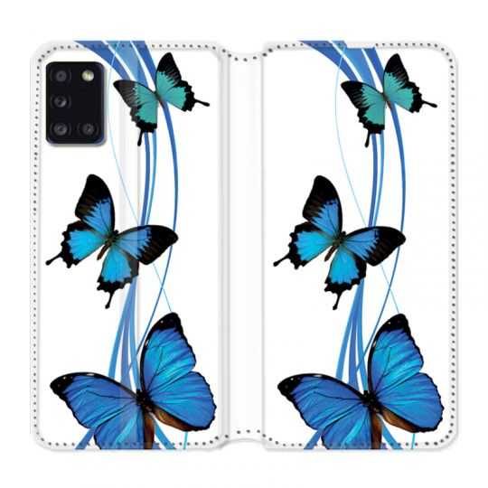 Housse cuir portefeuille pour Samsung Galaxy A31 Papillon bleu sur Blanc