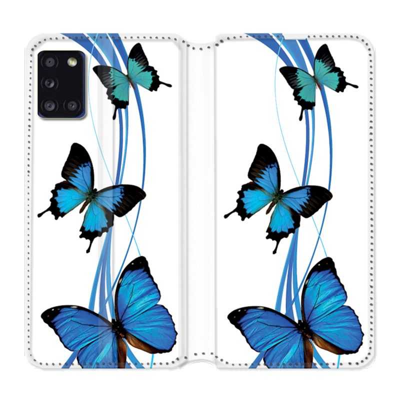 Housse cuir portefeuille pour Samsung Galaxy A31 Papillon bleu sur Blanc