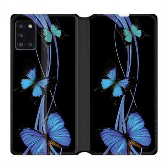 Housse cuir portefeuille pour Samsung Galaxy A31 Papillon bleu sur Noir