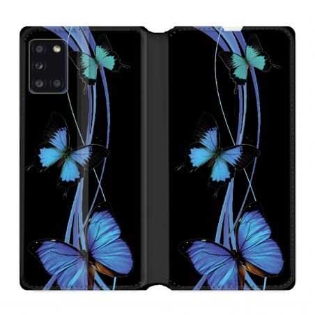 Housse cuir portefeuille pour Samsung Galaxy A31 Papillon bleu sur Noir
