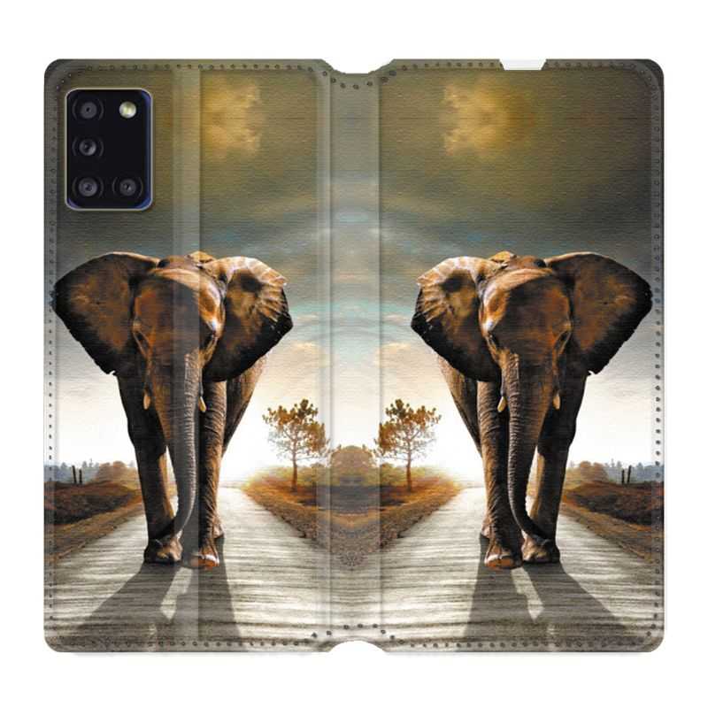 Housse cuir portefeuille pour Samsung Galaxy A31 Savane Elephant Route